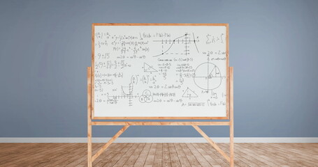 Digital image of mathematical equations and figures appearing in a white board with a wood frame in 