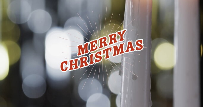 Image of merry christmas text over lit candles background