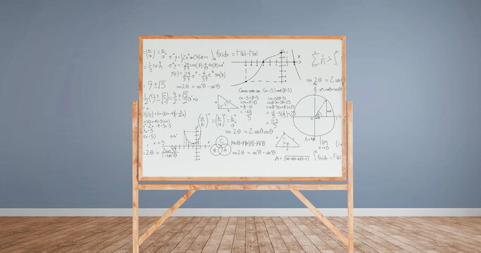 Digital image of mathematical equations and figures appearing in a white board with a wood frame in - Powered by Adobe