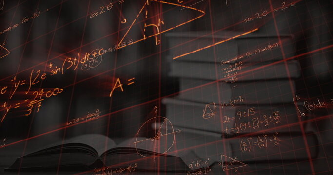 Digital image of glowing mathematical equations  with figures moving in the screen while background 