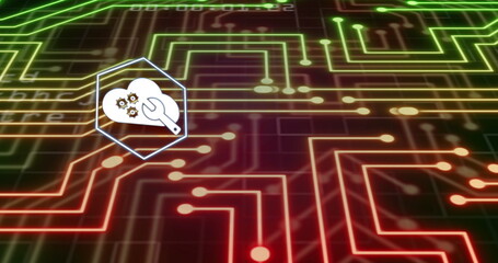 Image of business icons over network of connections