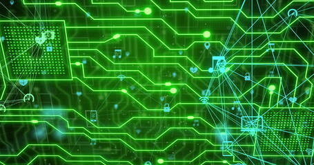 Obraz premium Image of media icons over network of connections