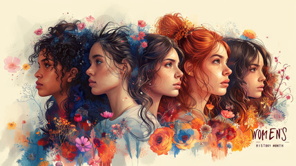 Group of beautiful women with flowers in hair. Photo collage. Women's history month. - obrazy, fototapety, plakaty