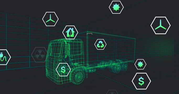 Image of ecology icons over lorry and off button - Powered by Adobe