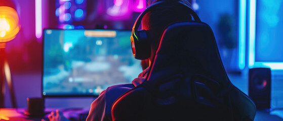 A man playing computer game, multi-colored lights, RGB, headphones and keyboard with backlight, gaming gears, ultrawide banner cover background for ads. game streaming
