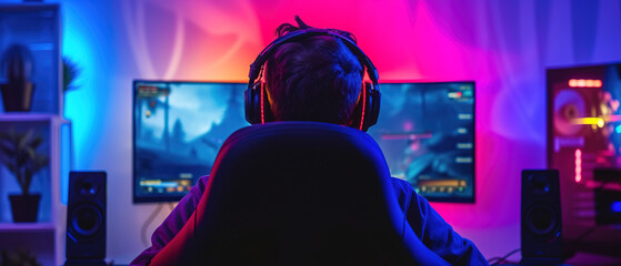A man playing computer game, multi-colored lights, RGB, headphones and keyboard with backlight, gaming gears, ultrawide banner cover background for ads. game streaming