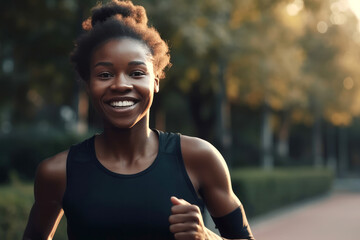 Cheerful black woman standing in park