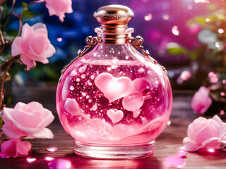Obraz na płótnie Canvas glass potion bottle filled with pink dust. for valentine's day, february 14, women's day, wedding. High quality photo