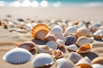 Fototapeta na wymiar Various seashells on the beach with blurred ocean and bright sunlight
