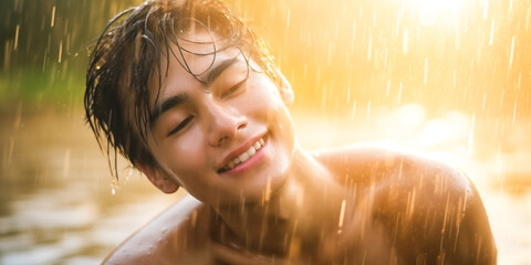 Asian man, bare-chested under rain