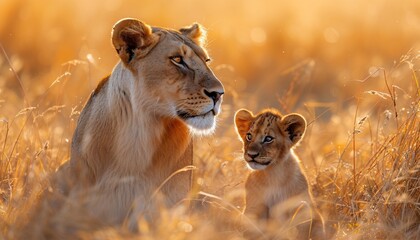 Lioness and Lion Cub: A Mother-Child Moment in the Wild Generative AI