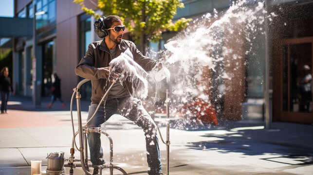 A street performer manipulating water jets as part of an urban interactive art installation