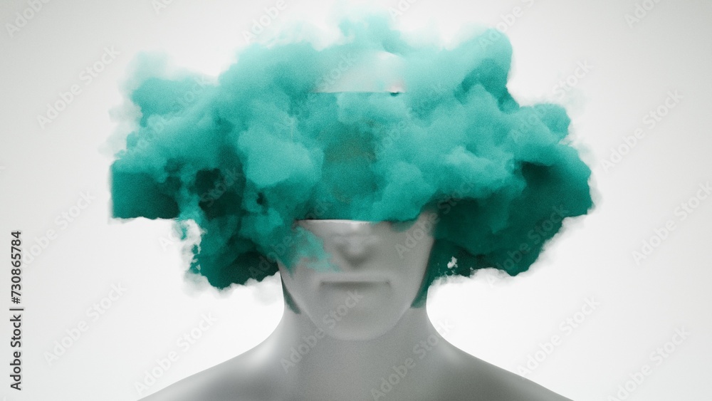 Poster Abstract head with a hole, featuring clouds, symbolizing a blend of the human mind and ethereal elements...
