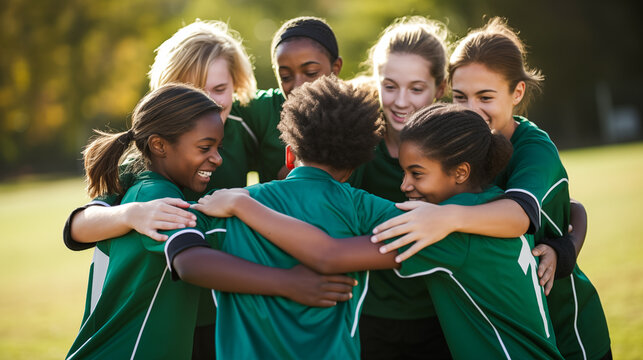Strategizing teenagers on a soccer field deeply engaged in conversation.