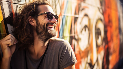 Man leaning on a graffiti wall looking away, warm sunlight enhancing his smiling face