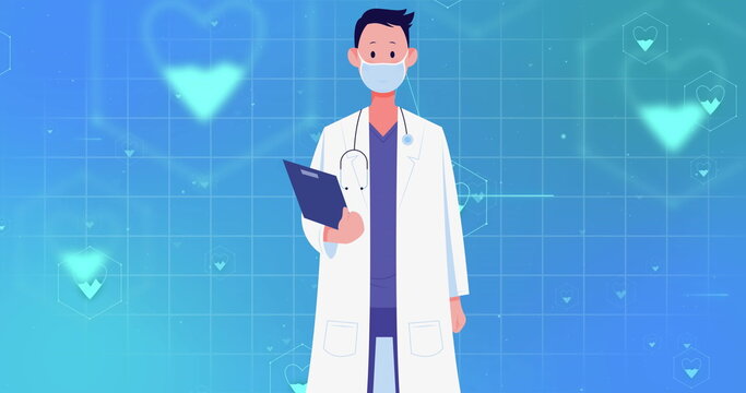Image of medical icons with doctor with clipboard on blue background