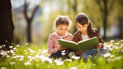 A scene capturing kids engrossed in a book amidst a blossoming spring meadow.