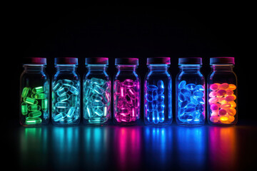 Vibrant Laboratory Scene with Pill Capsules and Assorted Bottles, Science and Research Concept in Pharmaceutical Lab