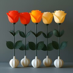 a row of four vases with red and yellow roses