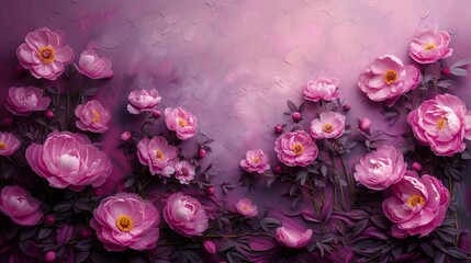 Bouquet of pink peonies on a purple background. Copy space.