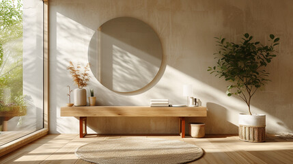 Obraz na płótnie Canvas A minimalist entryway with a console table and a large mirror.