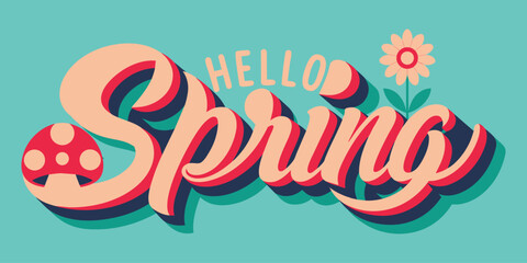 Hello Spring in retro art vector image background.
