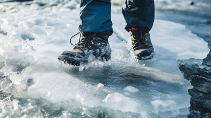 A foot perilously treads on fragile, breaking ice.