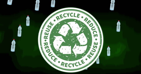 Image of recycling symbol and floating bottles on dark green background