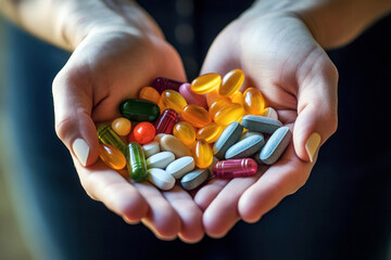 Empowered Wellness: Tender Grasp of a Woman Cradling an Essential Collection of Vitamin Capsules