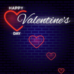 Neon sign "Happy Valentine's Day" on brick wall background