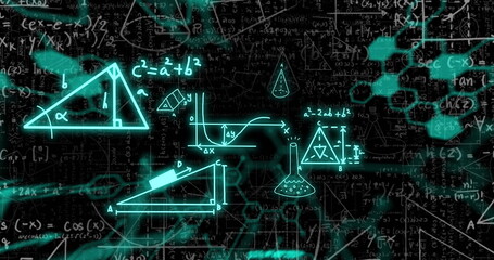 Image of mathematical formulae and scientific data processing over black background