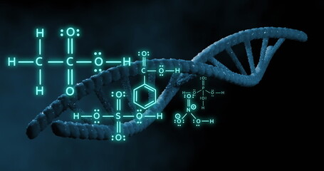 Image of dna strand and scientific data processing over black background