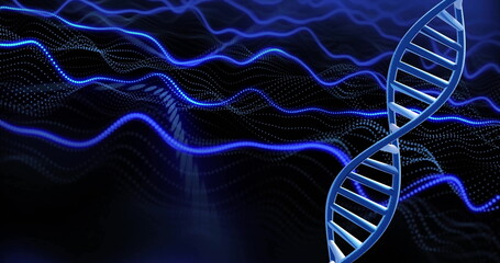 Image of dna strand spinning with copy space and blue light trails over black background