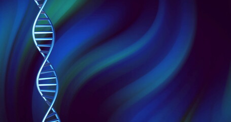 Image of dna strand spinning with copy space over blue and black background