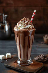 Chocolate milkshake with whipped cream on a gray background