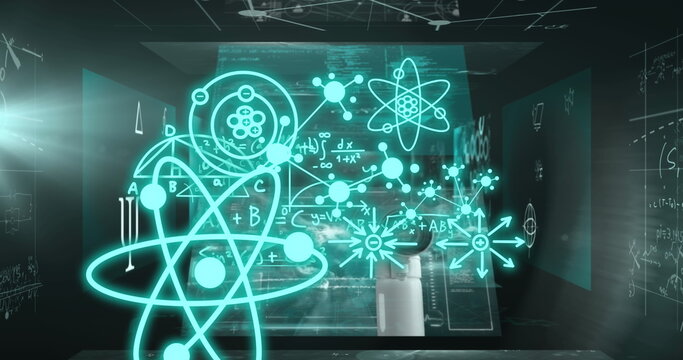 Image of molecules and scientific data processing over black background