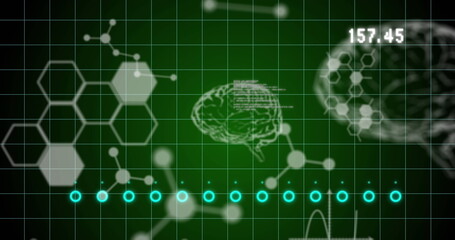 Image of graphs, brains and chemical formulas on green background