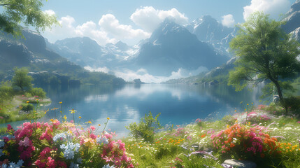  flat pile of flowers next to a lake