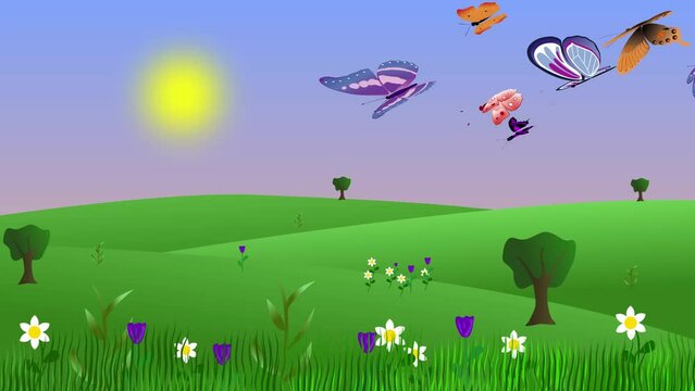 Summer environment animation with butterflies and fields, flat graphic cartoon background