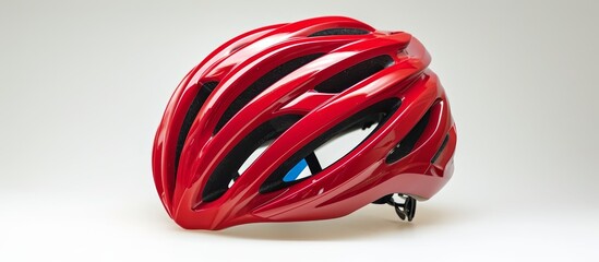 An electric blue bicycle helmet, made of composite material, rests on a fashionable white surface, creating a striking contrast.