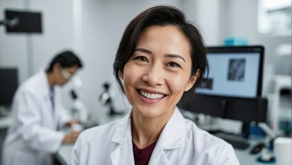 Close-up of a smiling middle-aged Asian female scientist in a lab coat, with modern laboratory equipment and blurred colleague in the background.