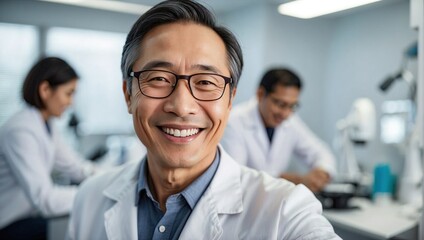 Smiling middle-aged Asian male scientist in lab coat taking a selfie in a well-equipped laboratory with a colleague in the background.