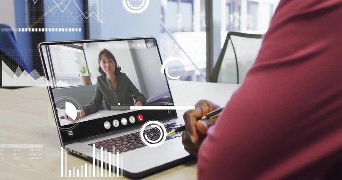 Animation of data processing over african american businessman using laptop for video call