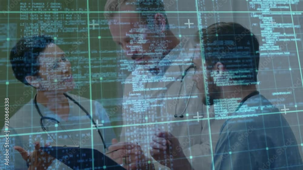Poster animation of data processing over caucasian doctors talking and using tablet