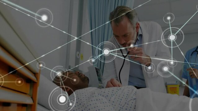 Animation of network of connections over caucasian doctors examining patient
