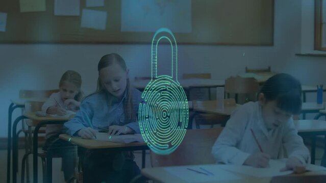 Animation of padlock over diverse schoolchildren learning in classroom