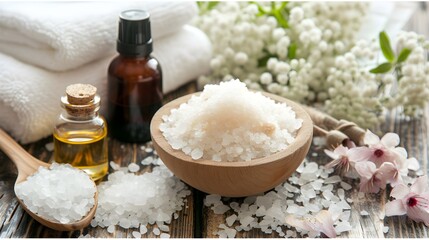 Fototapeta na wymiar Spa Essentials with Sea Salt and Essential Oils