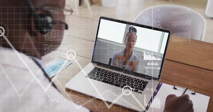 Animation of financial data processing over african american businessman using laptop for video call