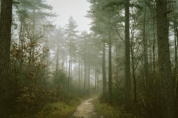 Fototapeta na wymiar Misty forest path surrounded by trees