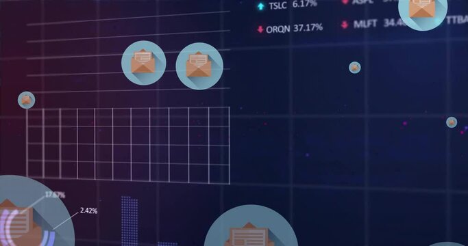 Animation of financial data processing with envelope icons on black background